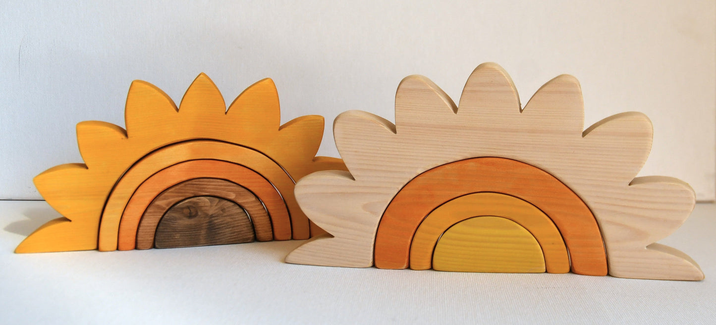Waldorf inspired wooden sunflower and daisy stacking toys handcrafted in Australia from Tasmanian hardwood with certified toy-safe wood stains and natural oil sealer.