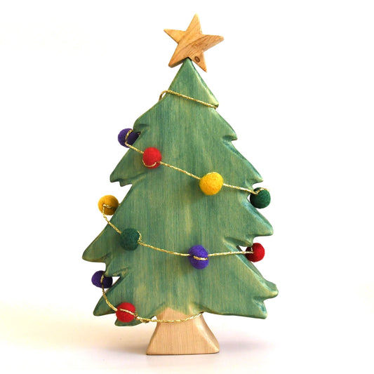 Waldorf inspired wooden Christmas pine tree toy with wool felt garland and wooden star. Handcrafted in Australia from Tasmanian hardwood with certified toy-safe wood stains and natural oil sealer.