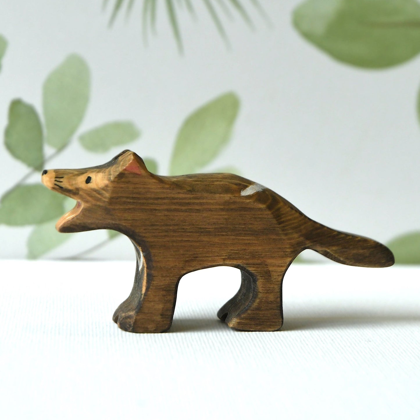 Waldorf inspired wooden Tasmanian devil toy handcrafted in Australia from Tasmanian oak with certified toy-safe wood stains and natural oil sealer.