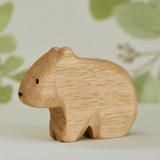 Waldorf/Steiner inspired wooden wombat toy handcrafted in Australia from Tasmanian oak with certified toy-safe wood stains and natural oil sealer.