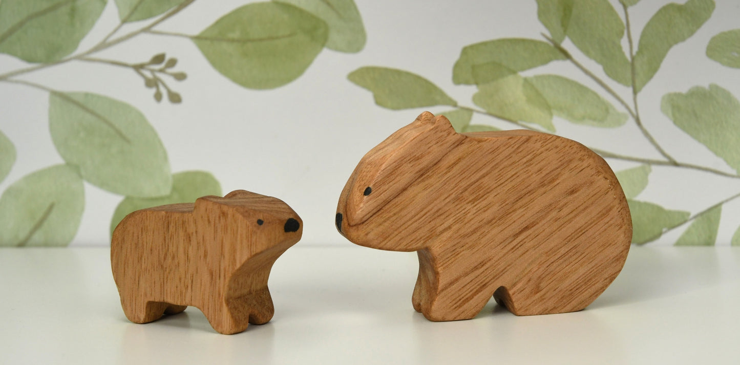 Mother and baby wooden wombat toys handcrafted in Australia from Tasmanian oak with certified toy-safe wood stains and natural oil sealer.