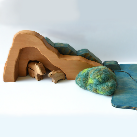 Wooden cave stacker toy with waterfall pond and felt bush