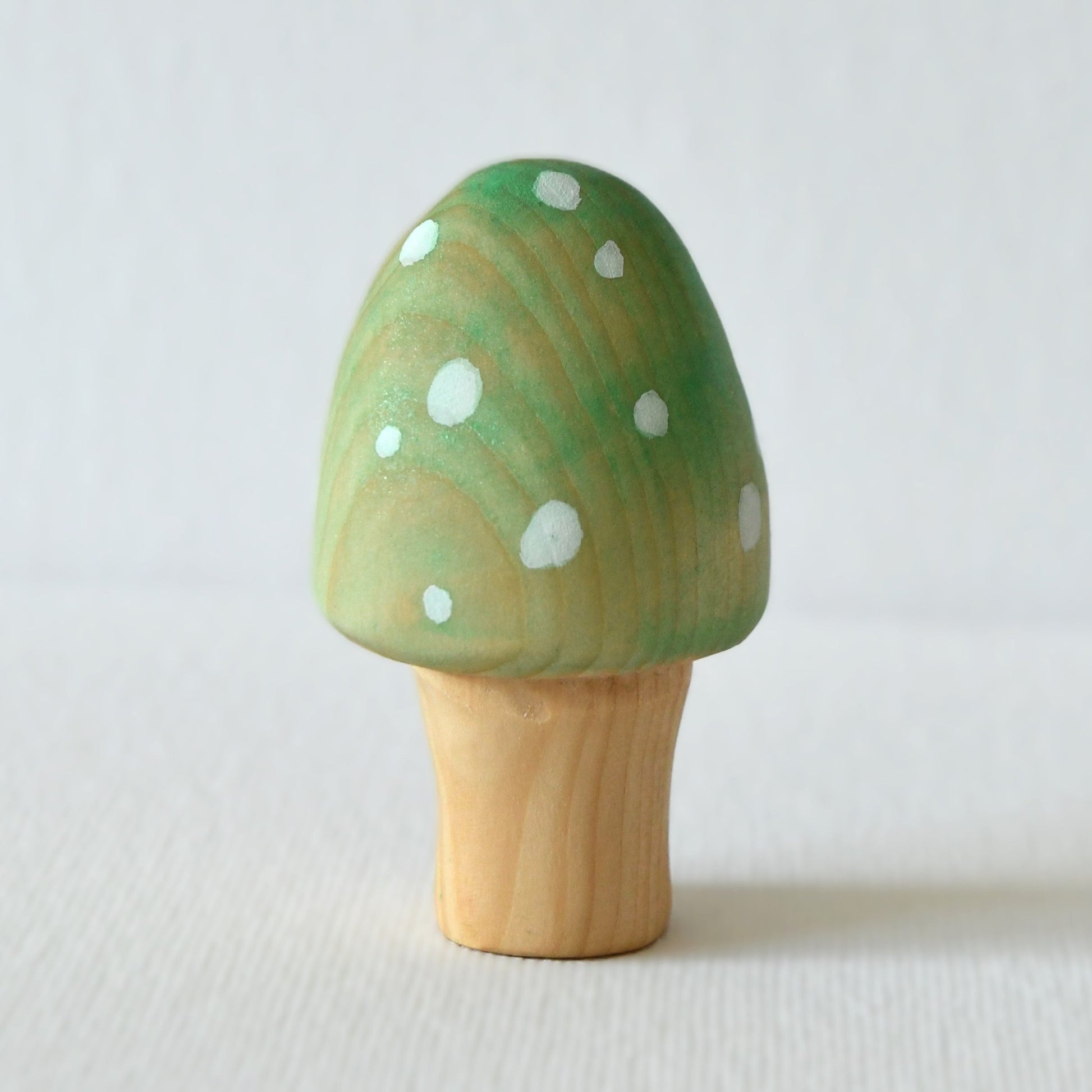 Wooden green mushroom toy and fairy garden decoration.