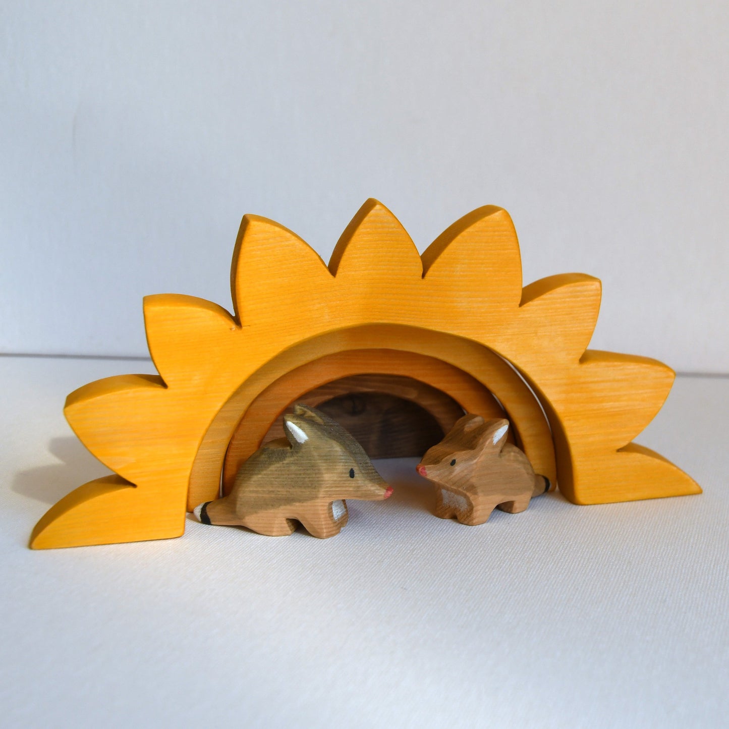 Waldorf inspired wooden sunflower stacking toy handcrafted in Australia from Tasmanian hardwood with certified toy-safe wood stains and natural oil sealer.