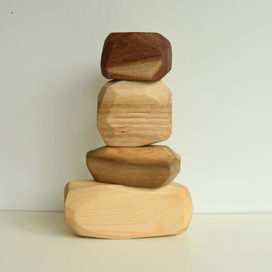 Natural stacking rock wooden block set handcrafted in Australia from Tasmanian hardwoods with toy safe oil sealer.