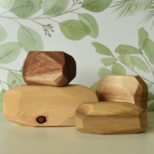 Natural stacking rock wooden block set handcrafted in Australia from Tasmanian hardwoods with toy safe oil sealer.