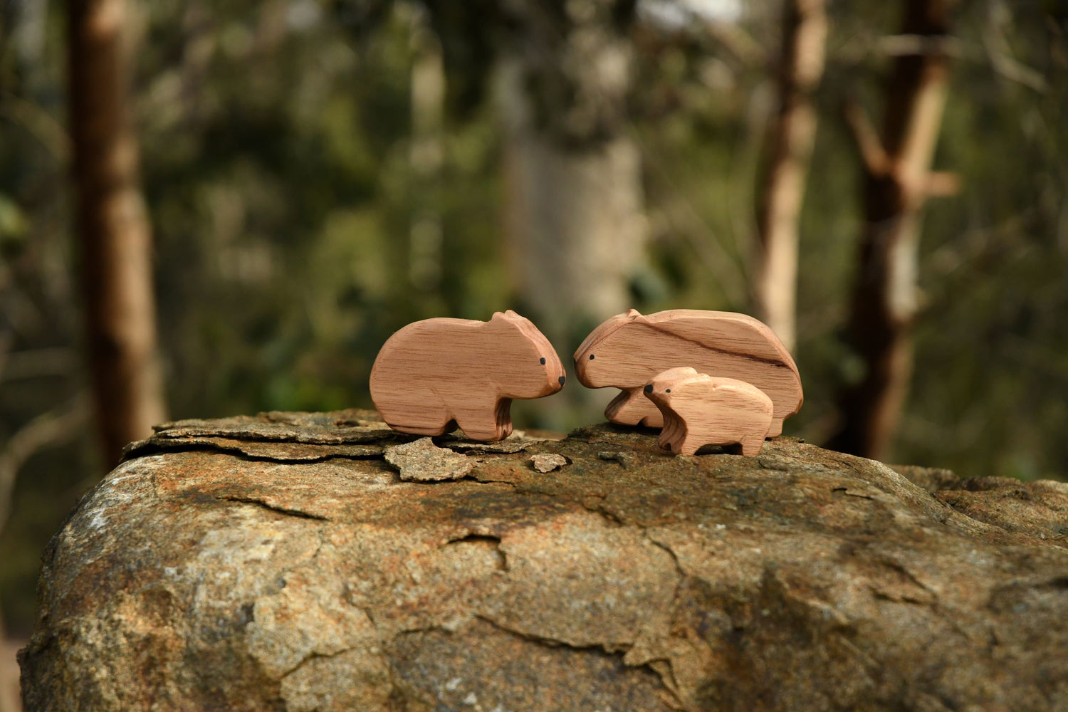 Family of waldorf inspired wooden wombat toys handcrafted in Australia from Tasmanian oak with natural oil sealer.