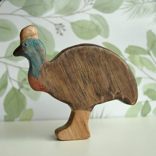Waldorf inspired wooden cassowary toy handcrafted in Australia from Tasmanian oak with certified toy-safe wood stains and natural oil sealer.