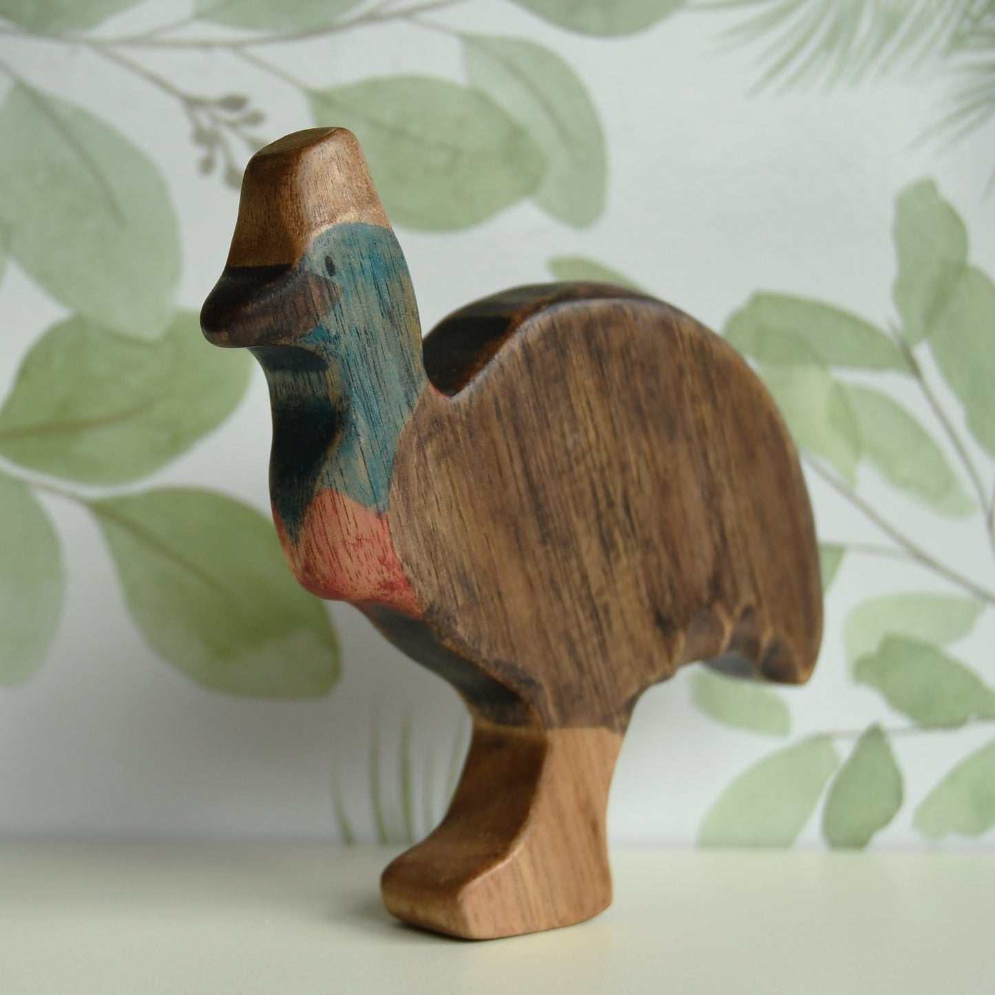 Waldorf inspired wooden cassowary toy handcrafted in Australia from Tasmanian oak with certified toy-safe wood stains and natural oil sealer.