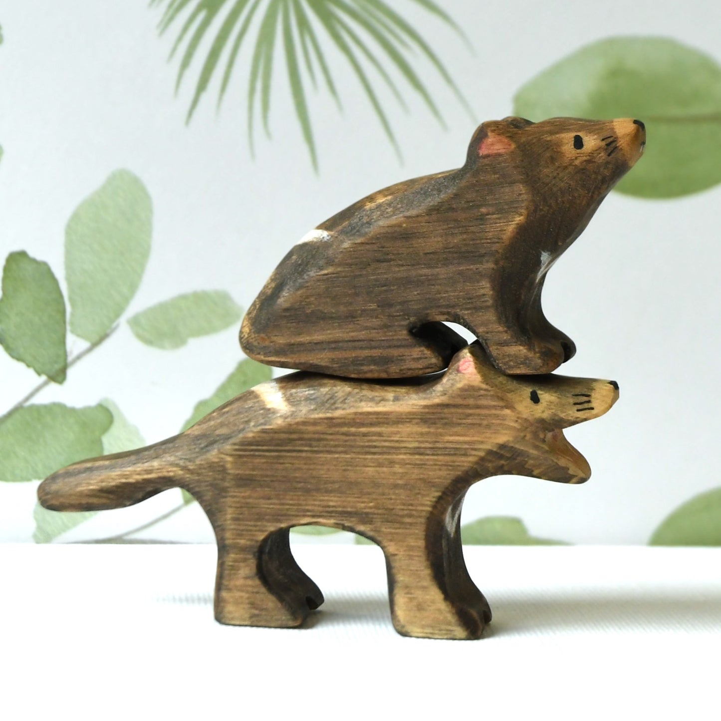 Waldorf inspired wooden Tasmanian devil toys handcrafted in Australia from Tasmanian oak with certified toy-safe wood stains and natural oil sealer.