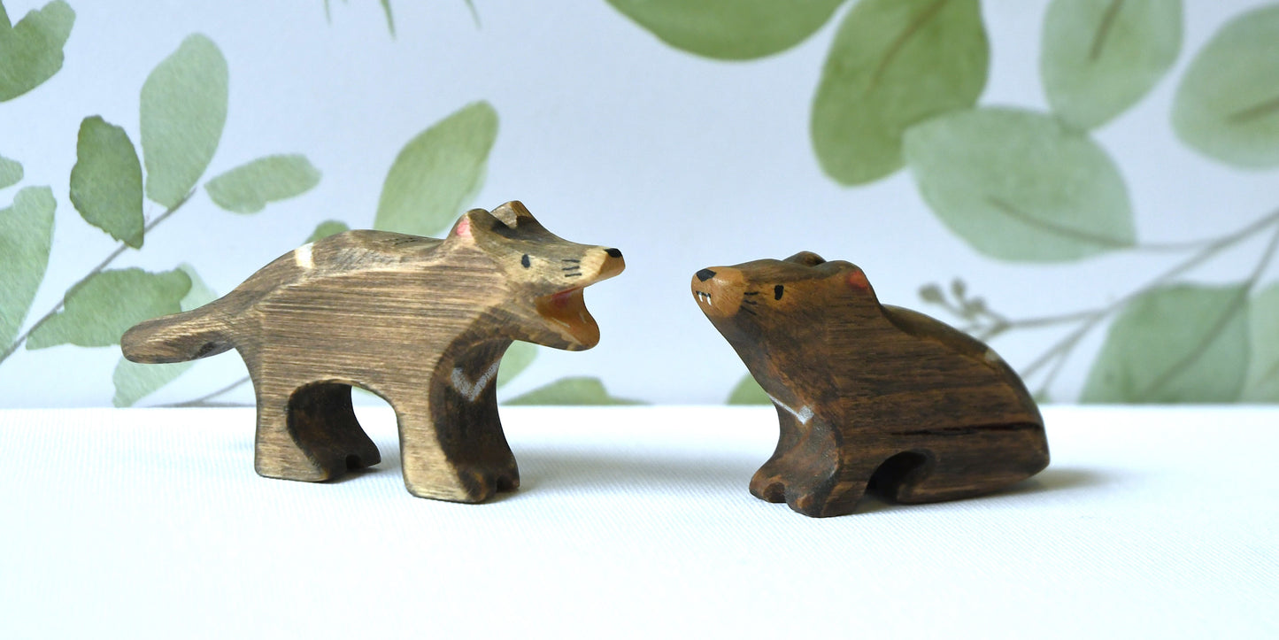 Waldorf inspired wooden Tasmanian devil toys handcrafted in Australia from Tasmanian oak with certified toy-safe wood stains and natural oil sealer.