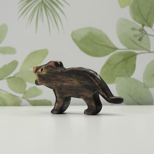Waldorf inspired wooden Tasmanian devil toy handcrafted in Australia from Tasmanian oak with certified toy-safe wood stains and natural oil sealer.