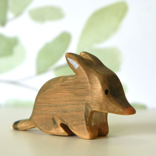 Waldorf inspired wooden bilby toy handcrafted in Australia from Tasmanian hardwood with certified toy-safe wood stains and natural oil sealer.