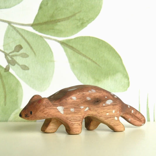 Waldorf inspired wooden spotted quoll toy handcrafted in Australia from Tasmanian oak with certified toy-safe wood stains and natural oil sealer.