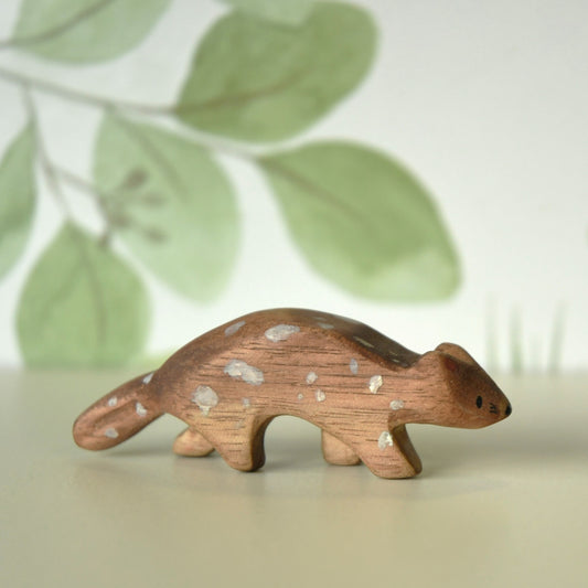 Waldorf inspired wooden spotted quoll toy handcrafted in Australia from Tasmanian oak with certified toy-safe wood stains and natural oil sealer.