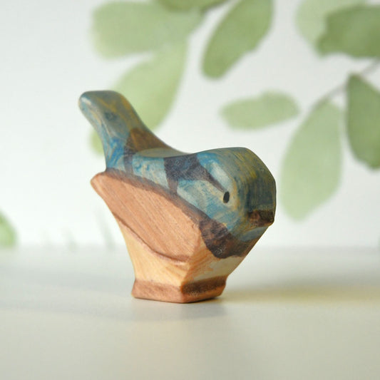 Waldorf inspired wooden superb fairy wren toy handcrafted in Australia from Tasmanian hardwood with certified toy-safe wood stains and natural oil sealer.