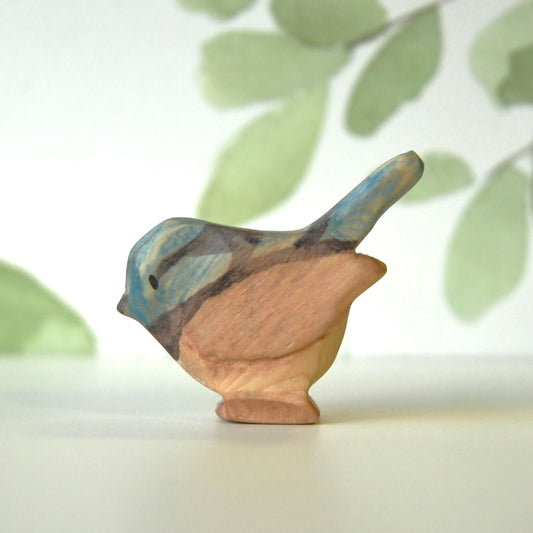 Waldorf inspired wooden superb fairy wren toy handcrafted in Australia from Tasmanian hardwood with certified toy-safe wood stains and natural oil sealer.