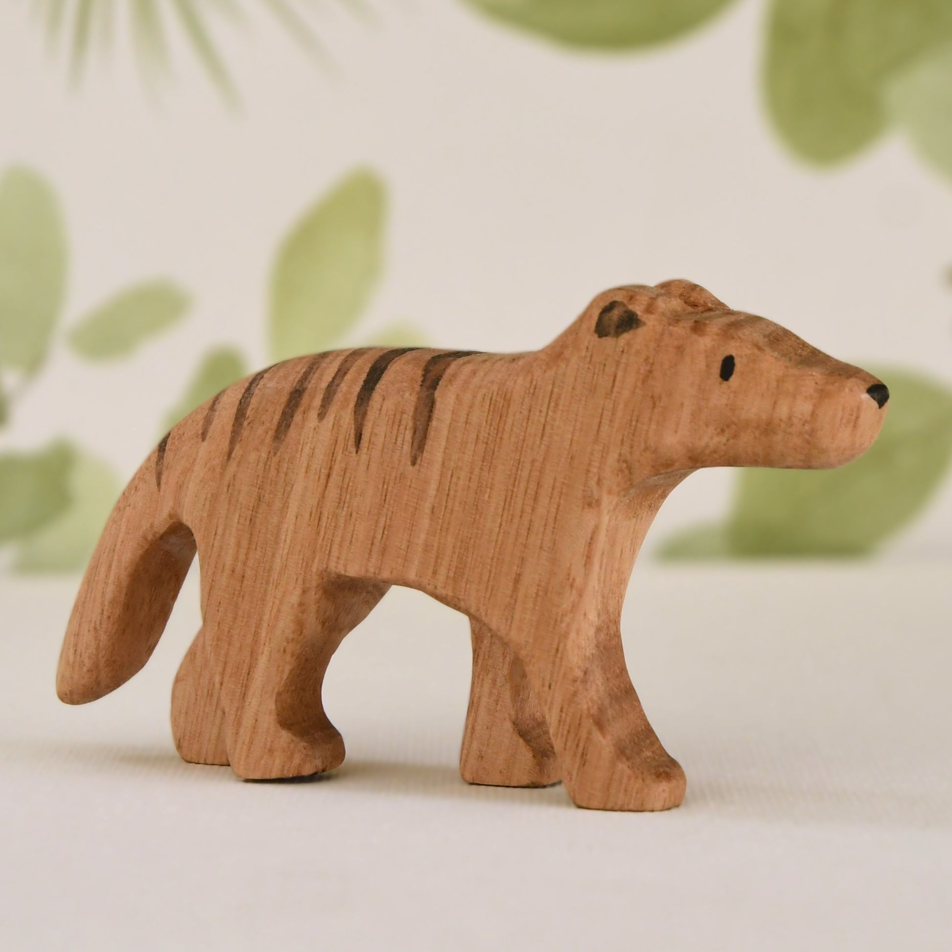 Waldorf/Steiner inspired wooden thylacine Tasmanian tiger toy handcrafted in Australia from Tasmanian oak with certified toy-safe wood stains and natural oil sealer.