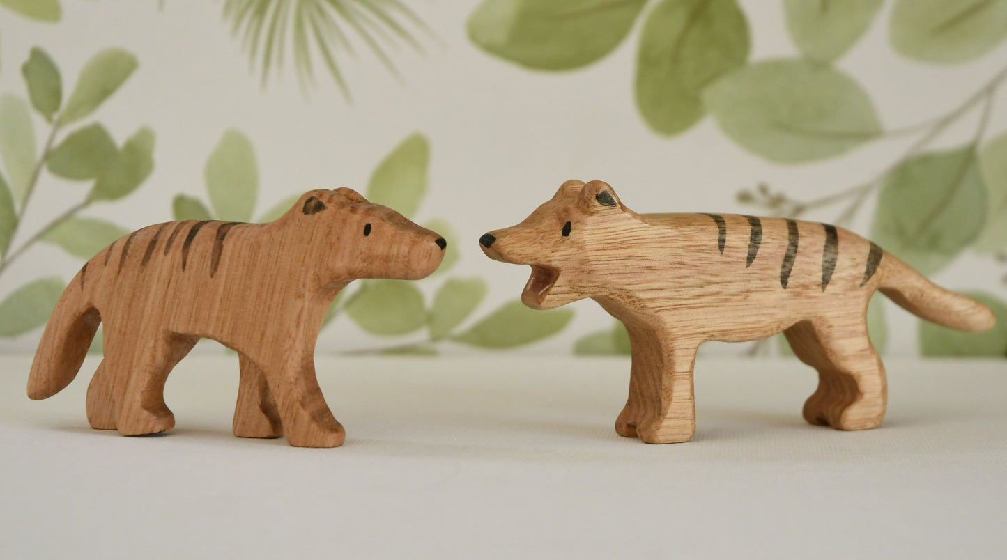 Waldorf/Steiner inspired wooden thylacine Tasmanian tiger toys handcrafted in Australia from Tasmanian oak with certified toy-safe wood stains and natural oil sealer.