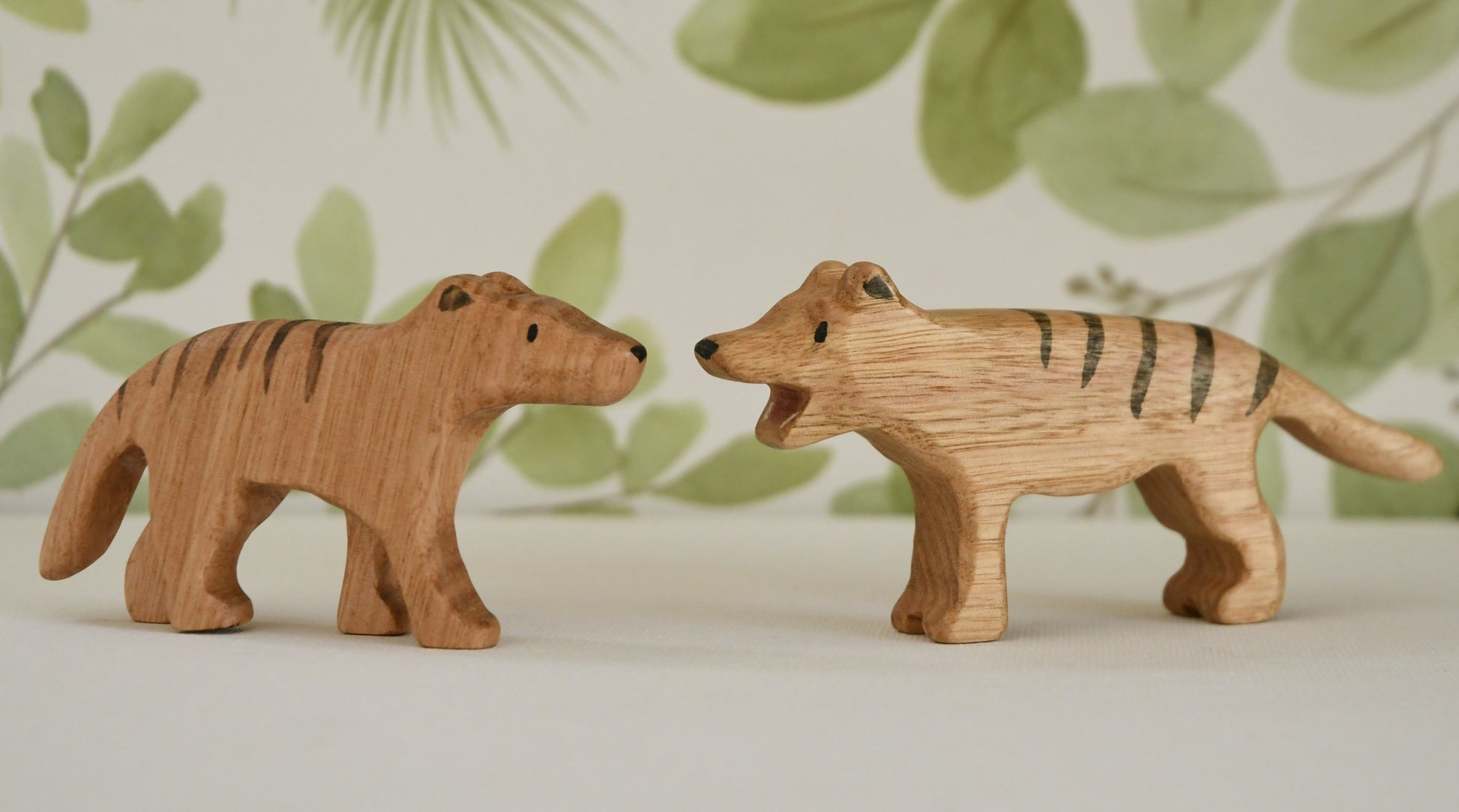 Waldorf/Steiner inspired wooden thylacine Tasmanian tiger toys handcrafted in Australia from Tasmanian oak with certified toy-safe wood stains and natural oil sealer.