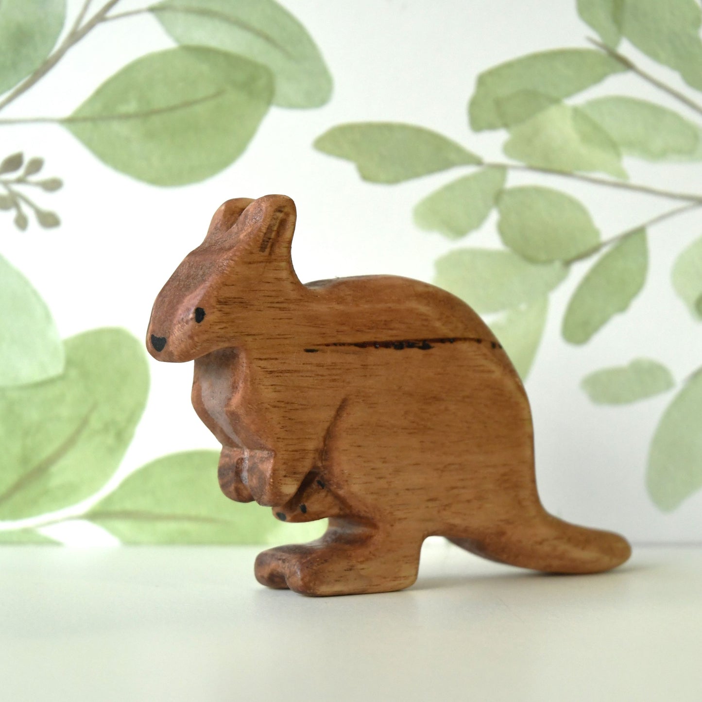 Waldorf inspired wooden wallaby toy handcrafted in Australia from Tasmanian oak with certified toy-safe wood stains and natural oil sealer.