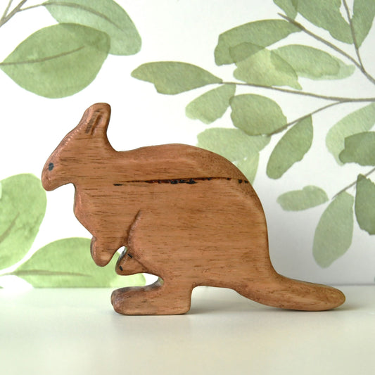 Waldorf inspired wooden wallaby toy handcrafted in Australia from Tasmanian oak with certified toy-safe wood stains and natural oil sealer.