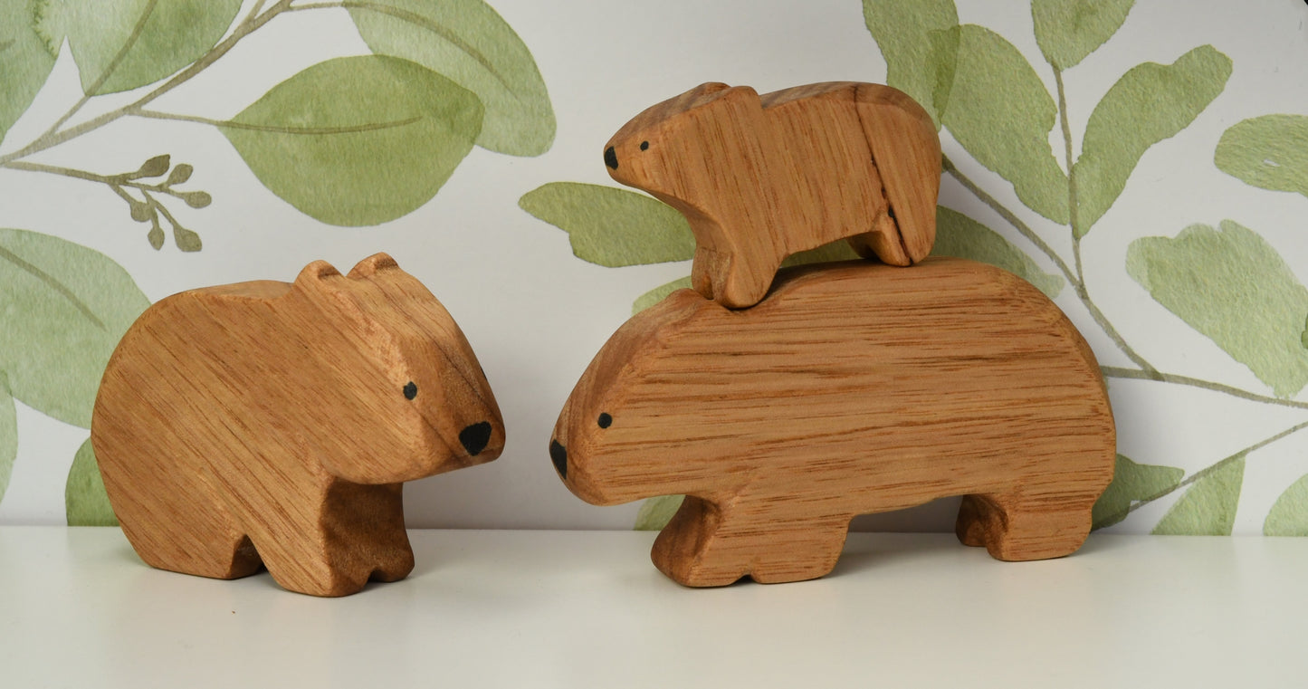 Waldorf inspired wooden wombat toy family handcrafted in Australia from Tasmanian oak with certified toy-safe wood stains and natural oil sealer.