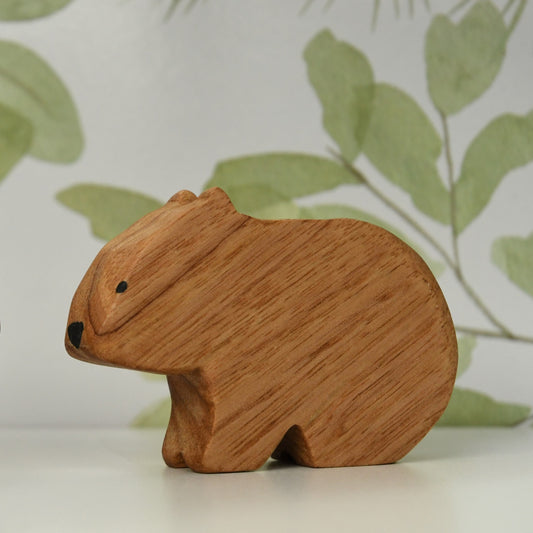 Waldorf inspired wooden wombat toy handcrafted in Australia from Tasmanian oak with certified toy-safe wood stains and natural oil sealer.