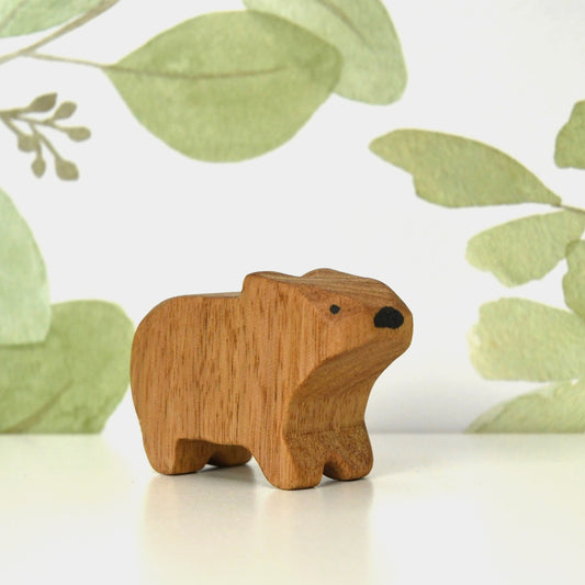 Waldorf inspired wooden wombat toy handcrafted in Australia from Tasmanian oak with certified toy-safe wood stains and natural oil sealer.