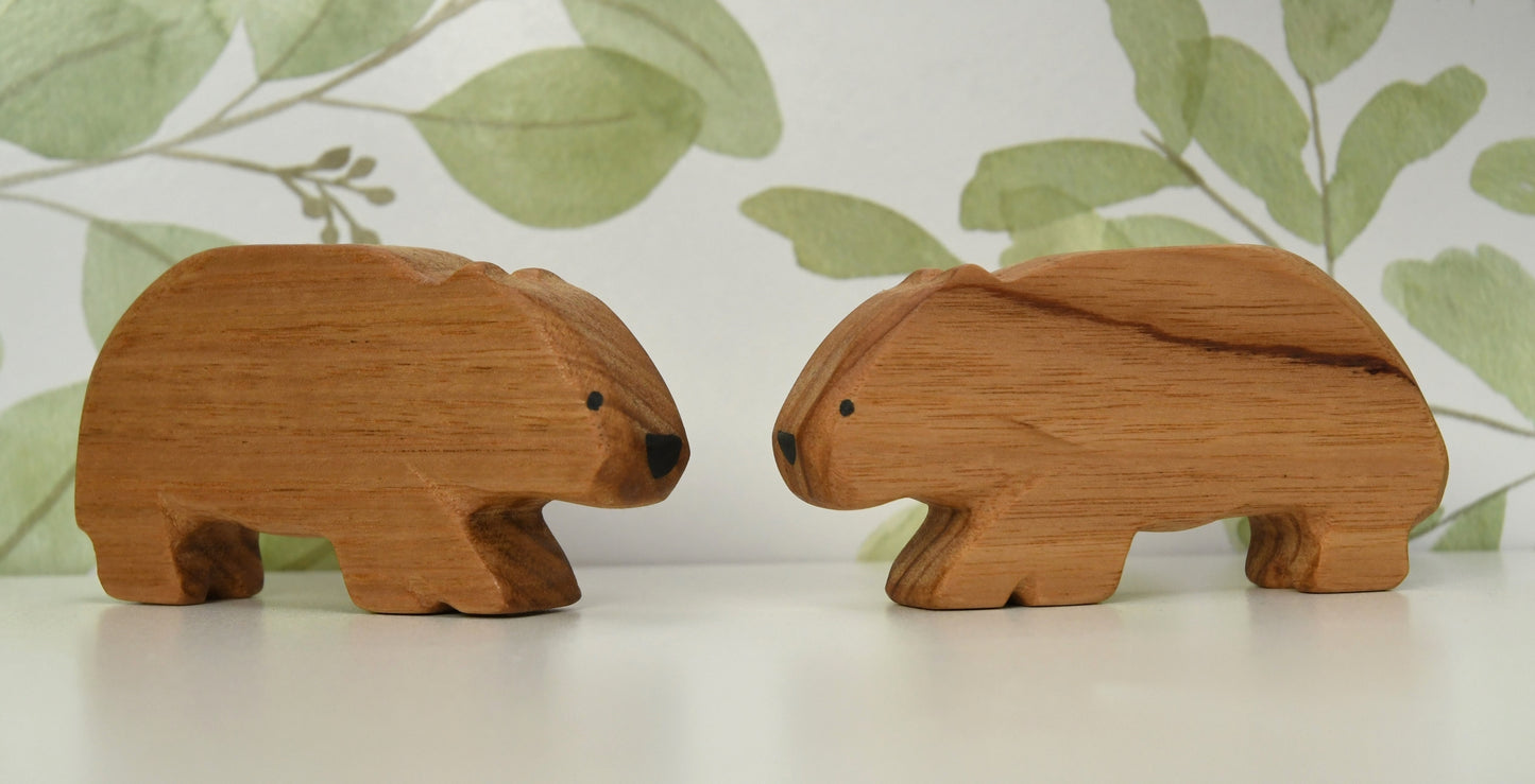 Waldorf inspired wooden wombat toys handcrafted in Australia from Tasmanian oak with certified toy-safe wood stains and natural oil sealer.